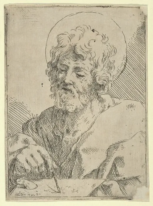 Framed Print : Saint Luke holding a paint brush and palette, after Reni (?), 1600-1650. Creator: Anon Framed Print : Saint Luke holding a paint brush and palette, after Reni (?), 1600-1650. Creator: Anon