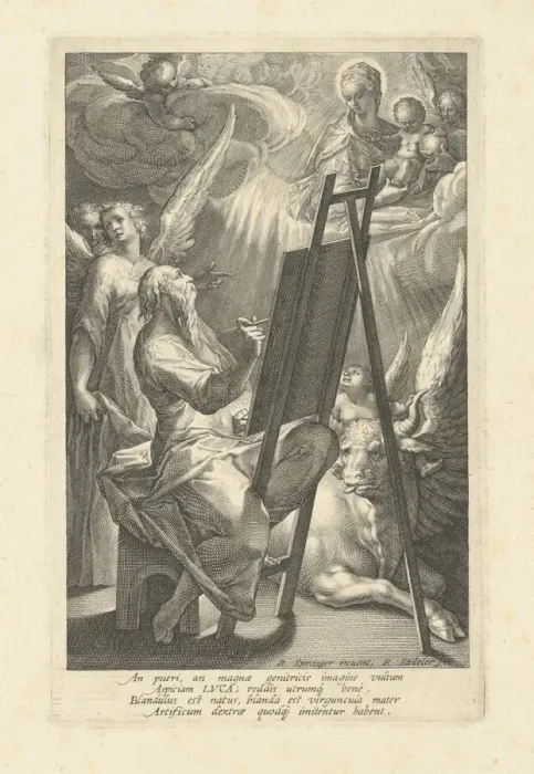 Framed Print : Saint Luke Painting the Virgin, 1580s?. Creator: Raphael Sadeler Framed Print : Saint Luke Painting the Virgin, 1580s?. Creator: Raphael Sadeler