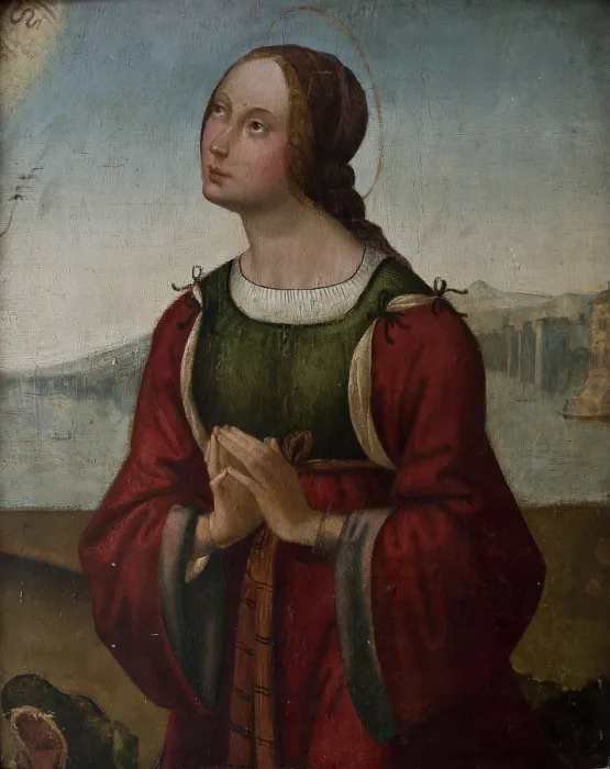 Framed Print : Saint Margaret in prayer, Early16th century. Creator: Costa, Lorenzo (1460-1535) Framed Print : Saint Margaret in prayer, Early16th century. Creator: Costa, Lorenzo (1460-1535)