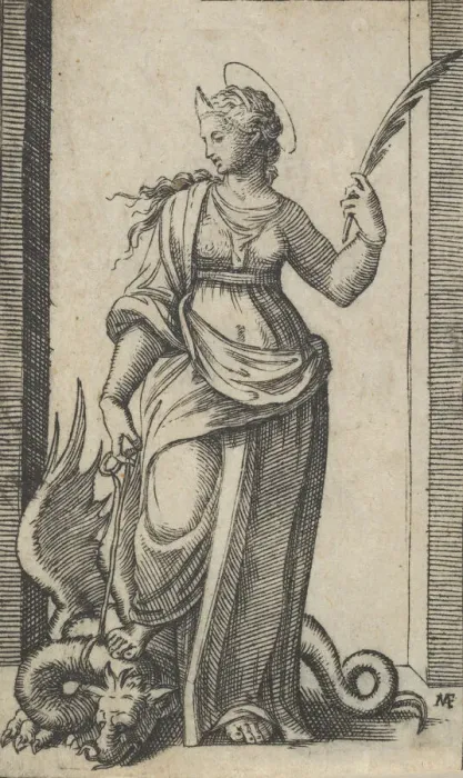 Framed Print : Saint Margaret standing, a dragon at the left, from the series Piccoli Santi (S... ca Framed Print : Saint Margaret standing, a dragon at the left, from the series Piccoli Santi (S... ca