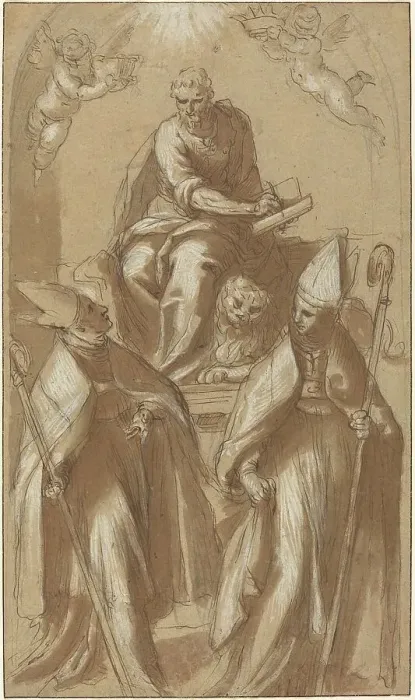 Framed Print : Saint Mark with Two Bishops and Putti, c. 1580. Creator: Jacopo Palma Framed Print : Saint Mark with Two Bishops and Putti, c. 1580. Creator: Jacopo Palma
