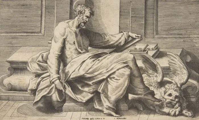 Framed Print : Saint Mark writing his Gospel, a winged lion at the right, 1531-76 Framed Print : Saint Mark writing his Gospel, a winged lion at the right, 1531-76