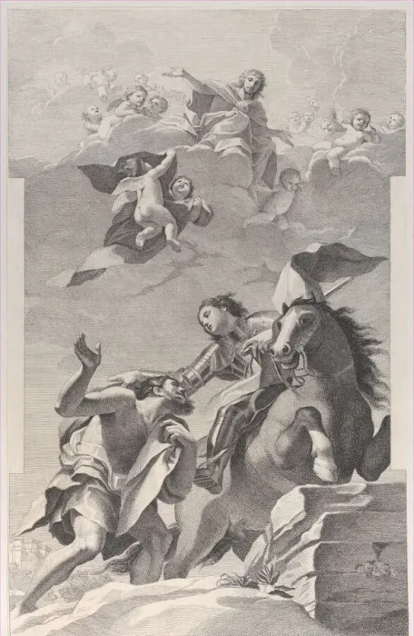Framed Print : Saint Martin, on horseback, giving his cloak to a beggar... 1760-1800 Framed Print : Saint Martin, on horseback, giving his cloak to a beggar... 1760-1800