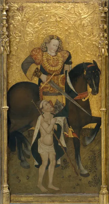 Framed Print : Saint Martin Sharing his Cloak. Artist: Ferrer, Jaume (active 1430-1461) Framed Print : Saint Martin Sharing his Cloak. Artist: Ferrer, Jaume (active 1430-1461)