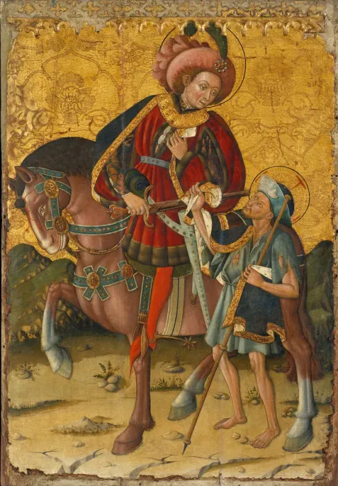 Framed Print : Saint Martin Sharing his Cloak, c. 1440. Artist: Blasco de Granen (?-1459) Framed Print : Saint Martin Sharing his Cloak, c. 1440. Artist: Blasco de Granen (?-1459)
