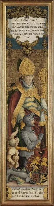 Framed Print : Saint Martin of Tours with Gottfried Werner von Zimmern and a beggar. Artist: Master of Messkirch (ca. 1500-1543)