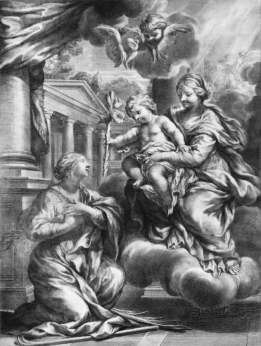Framed Print : Saint Martina kneeling before the Virgin and Child, as the Child offers her a lily Framed Print : Saint Martina kneeling before the Virgin and Child, as the Child offers her a lily