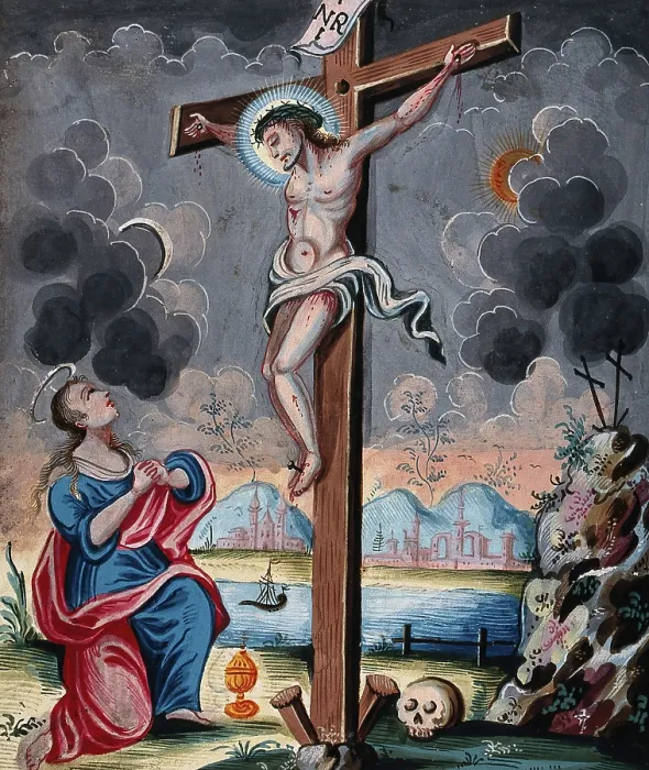 Framed Print : Saint Mary Magdalene clasps her hands before the crucified Christ. Creator: Unknown Framed Print : Saint Mary Magdalene clasps her hands before the crucified Christ. Creator: Unknown