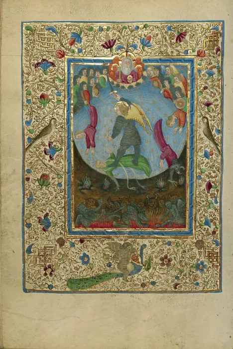 Framed Print : Saint Michael Battling the Devil; Book of Hours, about 1460. Creator: Unknown Framed Print : Saint Michael Battling the Devil; Book of Hours, about 1460. Creator: Unknown