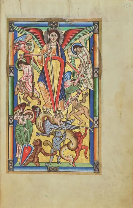 Framed Print : Saint Michael Battling the Dragon; Stammheim Missal, probably 1170s. Creator: Unknown Framed Print : Saint Michael Battling the Dragon; Stammheim Missal, probably 1170s. Creator: Unknown