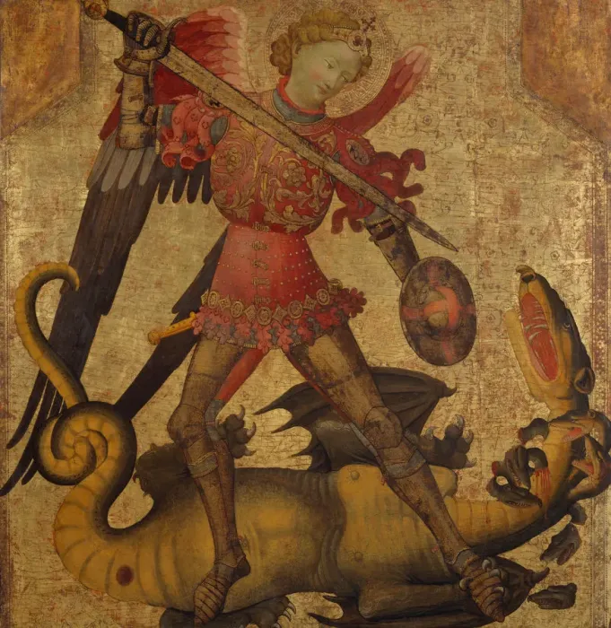 Framed Print : Saint Michael and the Dragon, ca. 1405. Creator: Spanish (Valencian) Painter (active in Italy Framed Print : Saint Michael and the Dragon, ca. 1405. Creator: Spanish (Valencian) Painter (active in Italy