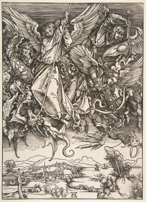 Framed Print : Saint Michael Fighting the Dragon, from The Apocalypse, 1498. Creator: Unknown Framed Print : Saint Michael Fighting the Dragon, from The Apocalypse, 1498. Creator: Unknown