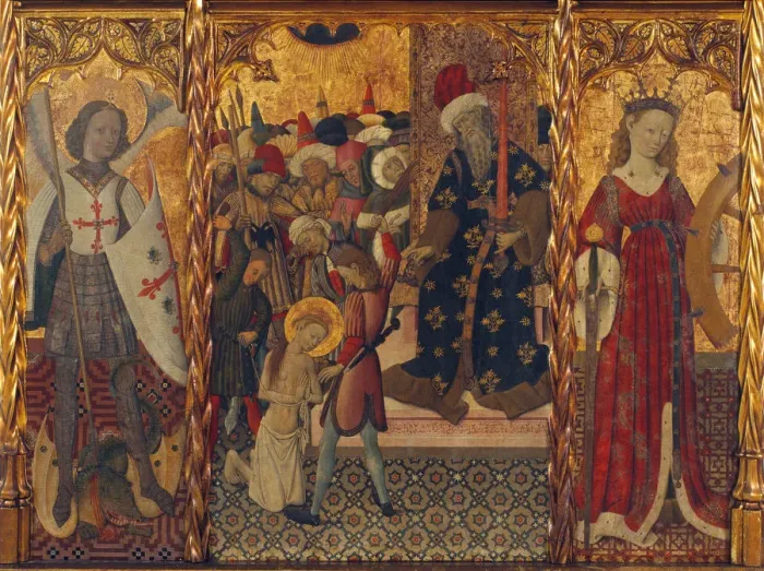 Framed Print : Saint Michael, Martyrdom of Saint Eulalia and Saint Catherine, ca 1442-1445. Artist: Martorell, Bernat, the Elder (1390-1452) Framed Print : Saint Michael, Martyrdom of Saint Eulalia and Saint Catherine, ca 1442-1445. Artist: Martorell, Bernat, the Elder (1390-1452)