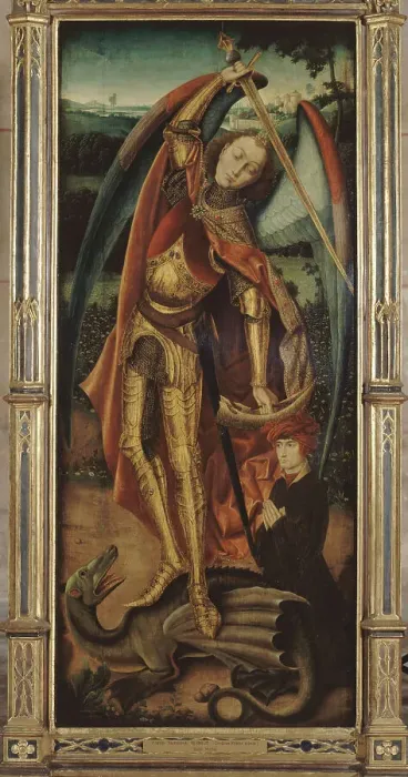 Framed Print : Saint Michael slaying the dragon, after Bermejo, between 1875 and 1900. Creator: Unknown Framed Print : Saint Michael slaying the dragon, after Bermejo, between 1875 and 1900. Creator: Unknown