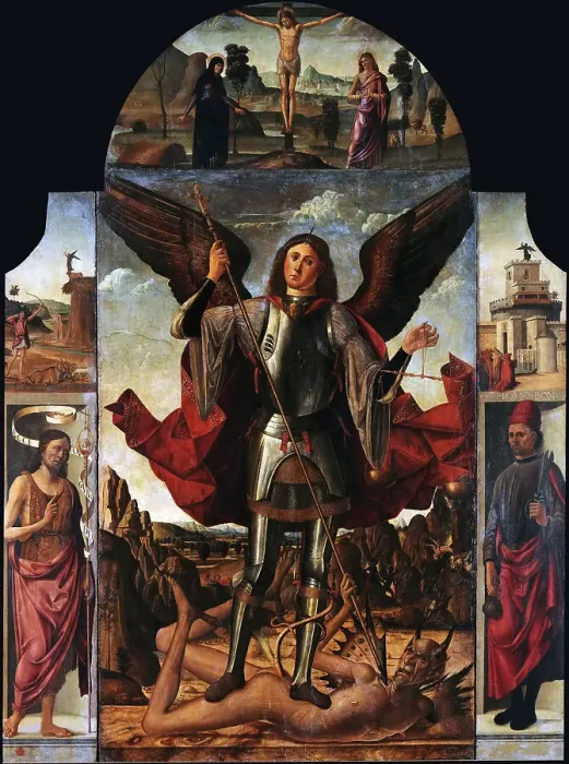 Framed Print : Saint Michael and Stories from His Life (Polyptych), c. 1492. Creator: Pagano, Francesco (active 1471-1506) Framed Print : Saint Michael and Stories from His Life (Polyptych), c. 1492. Creator: Pagano, Francesco (active 1471-1506)