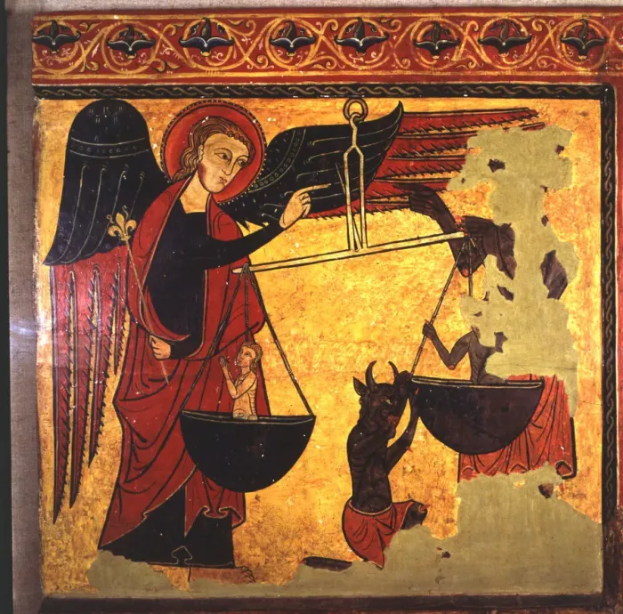 Framed Print : Saint Michael weighing souls and demon trying to appropriate them. Painting on wood Framed Print : Saint Michael weighing souls and demon trying to appropriate them. Painting on wood