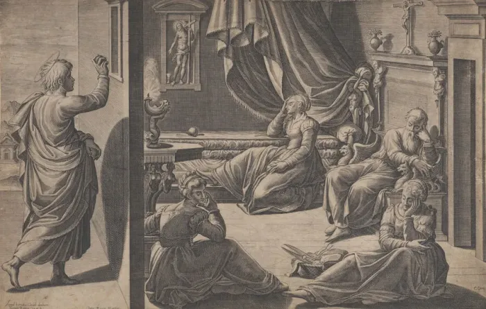 Framed Print : Saint Nicholas of Bari and the Three Poor Girls, 1587. Creator: Cristofano Cartaro Framed Print : Saint Nicholas of Bari and the Three Poor Girls, 1587. Creator: Cristofano Cartaro