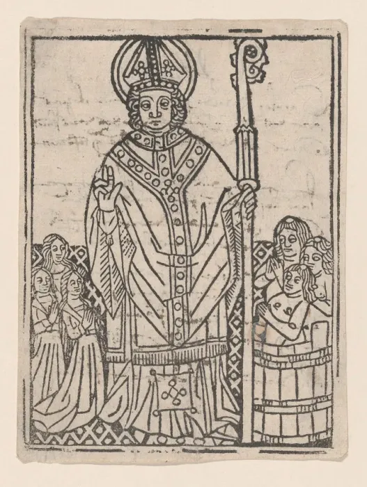 Framed Print : Saint Nicholas of Myra flanked by praying figures, ca. 1460-1470. ca. 1460-1470. Creator: Anon Framed Print : Saint Nicholas of Myra flanked by praying figures, ca. 1460-1470. ca. 1460-1470. Creator: Anon