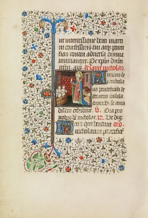 Framed Print : Saint Nicholas Rescuing Three Youths from a Tub; Book of Hours, about 1440-1450. Creator: Workshop of the Bedford Master Framed Print : Saint Nicholas Rescuing Three Youths from a Tub; Book of Hours, about 1440-1450. Creator: Workshop of the Bedford Master