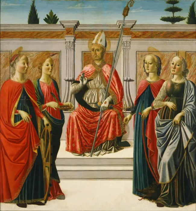Framed Print : Saint Nicholas and Saints Catherine, Lucy, Margaret and Apollonia. Artist: Botticini, Francesco (1446-1497) Framed Print : Saint Nicholas and Saints Catherine, Lucy, Margaret and Apollonia. Artist: Botticini, Francesco (1446-1497)