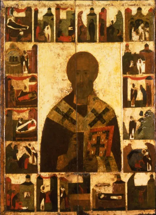 Framed Print : Saint Nicholas with scenes from his life, 14th century. Artist: Russian icon Framed Print : Saint Nicholas with scenes from his life, 14th century. Artist: Russian icon