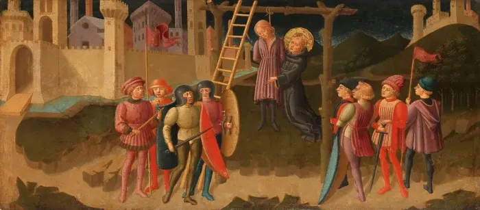 Framed Print : Saint Nicholas of Tolentino Saving a Hanged Man, c.1470. Creator: Zanobi di Jacopo Machiavelli Framed Print : Saint Nicholas of Tolentino Saving a Hanged Man, c.1470. Creator: Zanobi di Jacopo Machiavelli