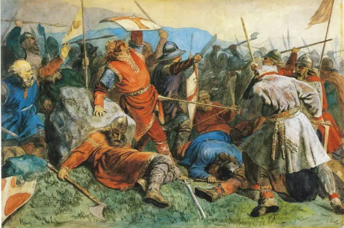 Framed Print : Saint Olav at the Battle of Stiklestad, 1859. Artist: Arbo, Peter Nicolai (1831-1892) Framed Print : Saint Olav at the Battle of Stiklestad, 1859. Artist: Arbo, Peter Nicolai (1831-1892)