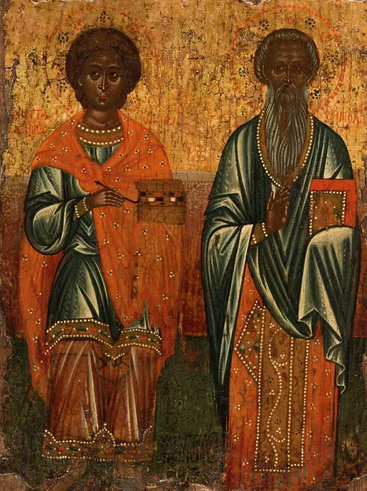 Framed Print : Saint Panteleon and Saint Hermolaos, 1647. Creator: Greek School Framed Print : Saint Panteleon and Saint Hermolaos, 1647. Creator: Greek School