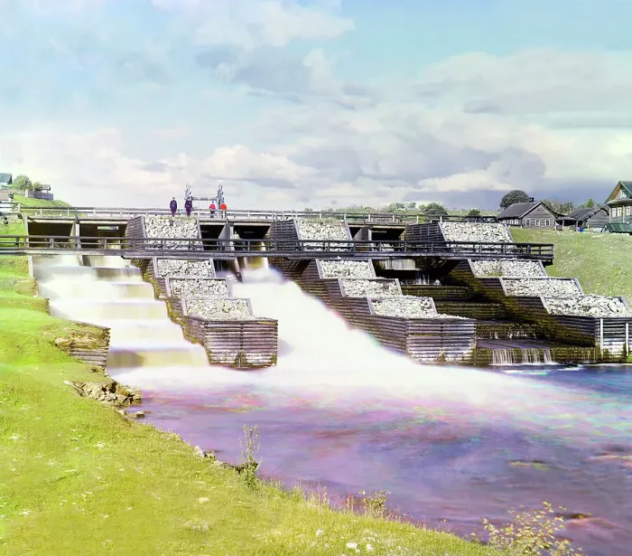 Framed Print : Saint Paul dam in Deviatiny [Russian Empire], 1909. Creator: Sergey Mikhaylovich Prokudin-Gorsky