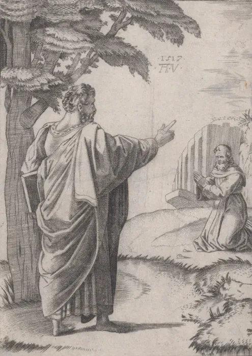 Framed Print : Saint Paul and the Franciscan Friar, dated 1517. Creator: Agostino Veneziano Framed Print : Saint Paul and the Franciscan Friar, dated 1517. Creator: Agostino Veneziano