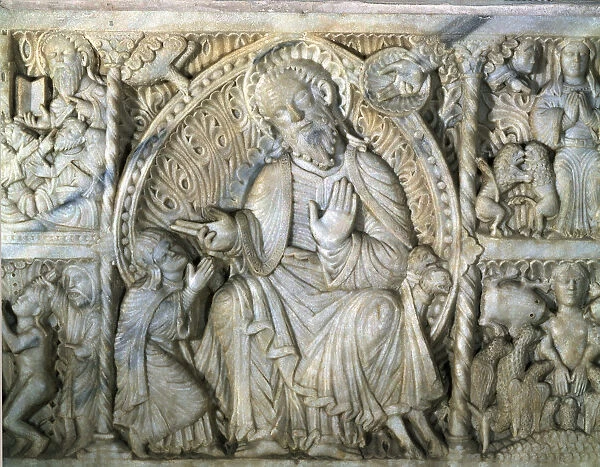Saint Paul indoctrinating Santa Tecla. Altar front in white marble in the cathedral of Tarragona