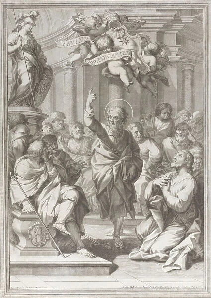 Saint Paul preaching at center, standing in a crowd in a columned interior, pointing