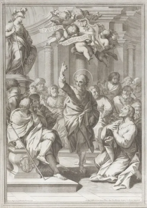 Framed Print : Saint Paul preaching at center, standing in a crowd in a columned interior, pointing Framed Print : Saint Paul preaching at center, standing in a crowd in a columned interior, pointing