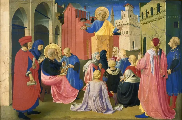 Framed Print : Saint Peter Preaching in the Presence of Saint Mark (Predella of the Tabernacle of... ca. 1433. Creator: Angelico, Fra Giovanni, da Fiesole (ca. 1400-1455) Framed Print : Saint Peter Preaching in the Presence of Saint Mark (Predella of the Tabernacle of... ca. 1433. Creator: Angelico, Fra Giovanni, da Fiesole (ca. 1400-1455)