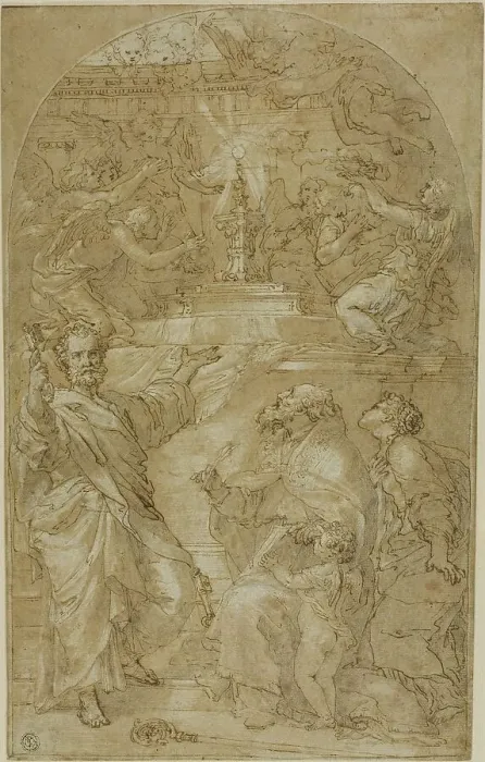 Framed Print : Saint Peter, Saint Augustine and a Female Saint in Adoration of the Eucharist, n.d. Creator: Unknown Framed Print : Saint Peter, Saint Augustine and a Female Saint in Adoration of the Eucharist, n.d. Creator: Unknown