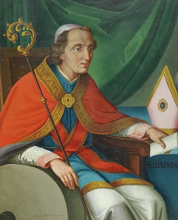 Framed Print : Saint Quirinus of Siscia in bishop's robes with the millstone, 1843. Creator: Pfeiffer, Joseph (active 1840s) Framed Print : Saint Quirinus of Siscia in bishop's robes with the millstone, 1843. Creator: Pfeiffer, Joseph (active 1840s)