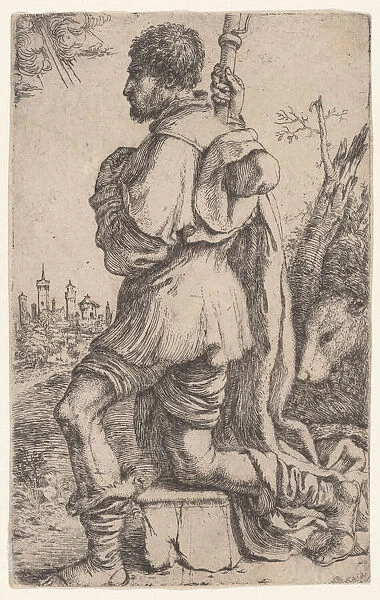 Saint Roch, kneeling on a stone, seen from the side with his dog behind him... 1620-30