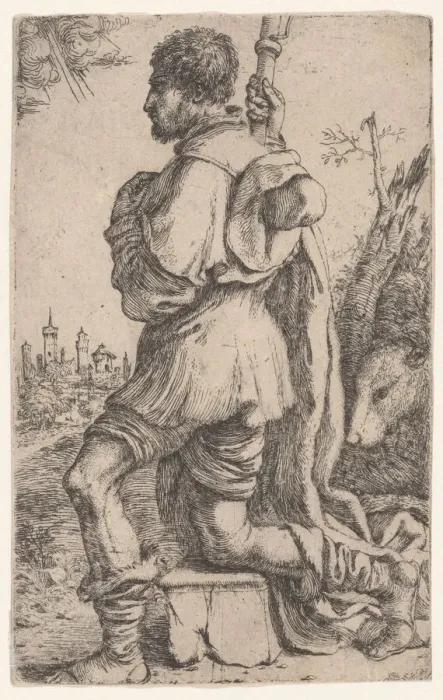 Framed Print : Saint Roch, kneeling on a stone, seen from the side with his dog behind him... 1620-30 Framed Print : Saint Roch, kneeling on a stone, seen from the side with his dog behind him... 1620-30