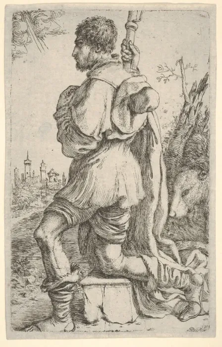 Framed Print : Saint Roch, kneeling on a stone, seen from the side with his dog behind him and a towns Framed Print : Saint Roch, kneeling on a stone, seen from the side with his dog behind him and a towns