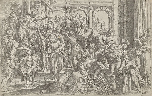 Saint Roch at left distributing alms to a group of people gathered around him, after