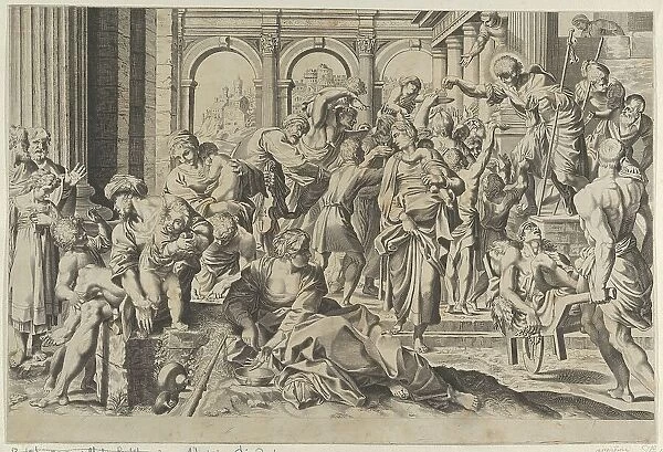 Saint Roch at right distributing alms to a group of people gathered around him, ca. 1600-1640. Creator: Anon