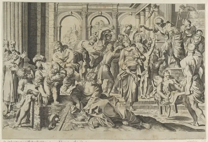 Framed Print : Saint Roch at right distributing alms to a group of people gathered around him, ca. 1600-1640. Creator: Anon Framed Print : Saint Roch at right distributing alms to a group of people gathered around him, ca. 1600-1640. Creator: Anon