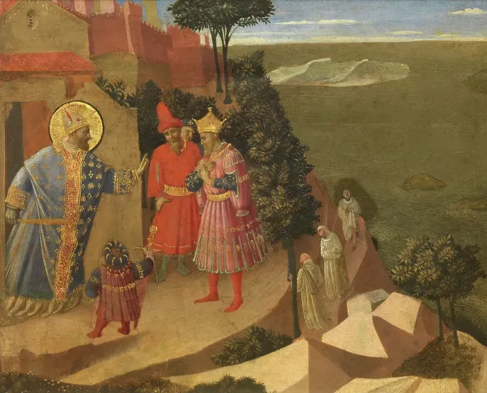 Framed Print : Saint Romuald Forbidding Entry to the Monastery to Emperor Otto III, ca 1430-1435. Creator: Angelico, Fra Giovanni, da Fiesole (ca. 1400-1455) Framed Print : Saint Romuald Forbidding Entry to the Monastery to Emperor Otto III, ca 1430-1435. Creator: Angelico, Fra Giovanni, da Fiesole (ca. 1400-1455)