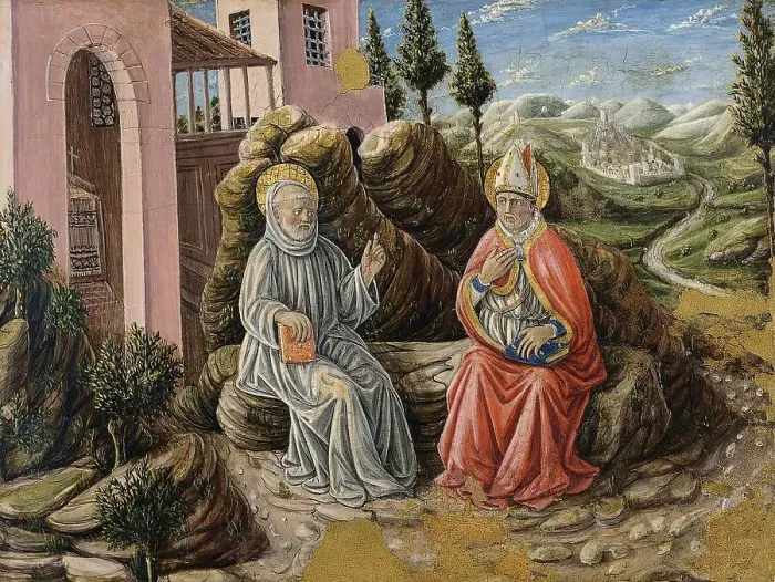 Framed Print : Saint Sabinus conversing with St. Benedict, 1473. Creator: Giovanni Boccati Framed Print : Saint Sabinus conversing with St. Benedict, 1473. Creator: Giovanni Boccati