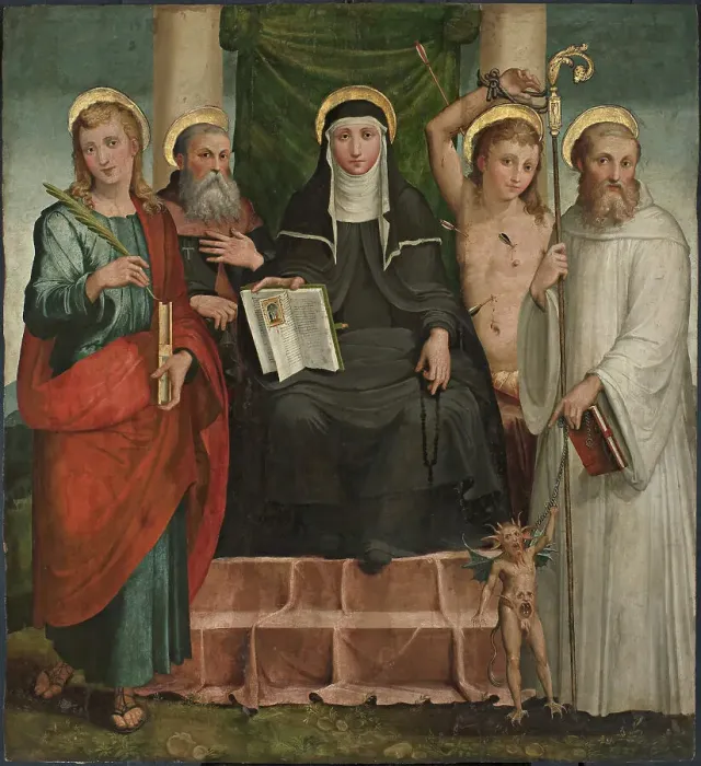 Framed Print : Saint Scholastica Enthroned between Saints John the Evangelist, Anthony the Abbot...... c1550. Creator: Piaggio, Teramo (1485-1554) Framed Print : Saint Scholastica Enthroned between Saints John the Evangelist, Anthony the Abbot...... c1550. Creator: Piaggio, Teramo (1485-1554)