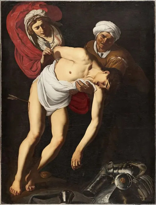 Framed Print : Saint Sebastian attended by Saint Irene and her Maid, 1615. Creator: Dirck van Baburen