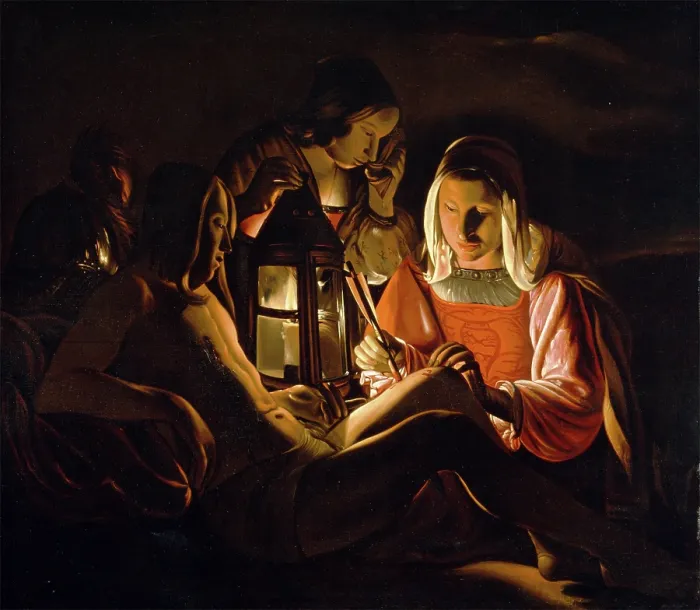 Framed Print : Saint Sebastian Nursed by Saint Irene, 17th century. Creator: Workshop of Georges de La Tour (1593-1652) Framed Print : Saint Sebastian Nursed by Saint Irene, 17th century. Creator: Workshop of Georges de La Tour (1593-1652)