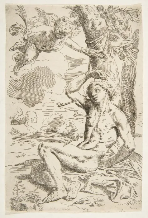 Framed Print : Saint Sebastian pierced with arrows and tied to a tree, copy after Cantarini, ca Framed Print : Saint Sebastian pierced with arrows and tied to a tree, copy after Cantarini, ca