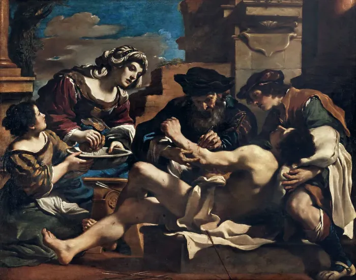 Framed Print : Saint Sebastian Tended by Saint Irene, 1619. Creator: Guercino (1591-1666)