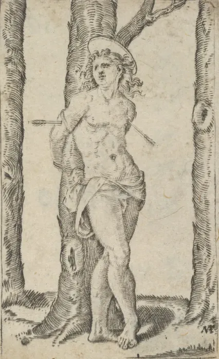 Framed Print : Saint Sebastian tied to tree pierced with arrows, from the series Piccoli Santi... ca Framed Print : Saint Sebastian tied to tree pierced with arrows, from the series Piccoli Santi... ca